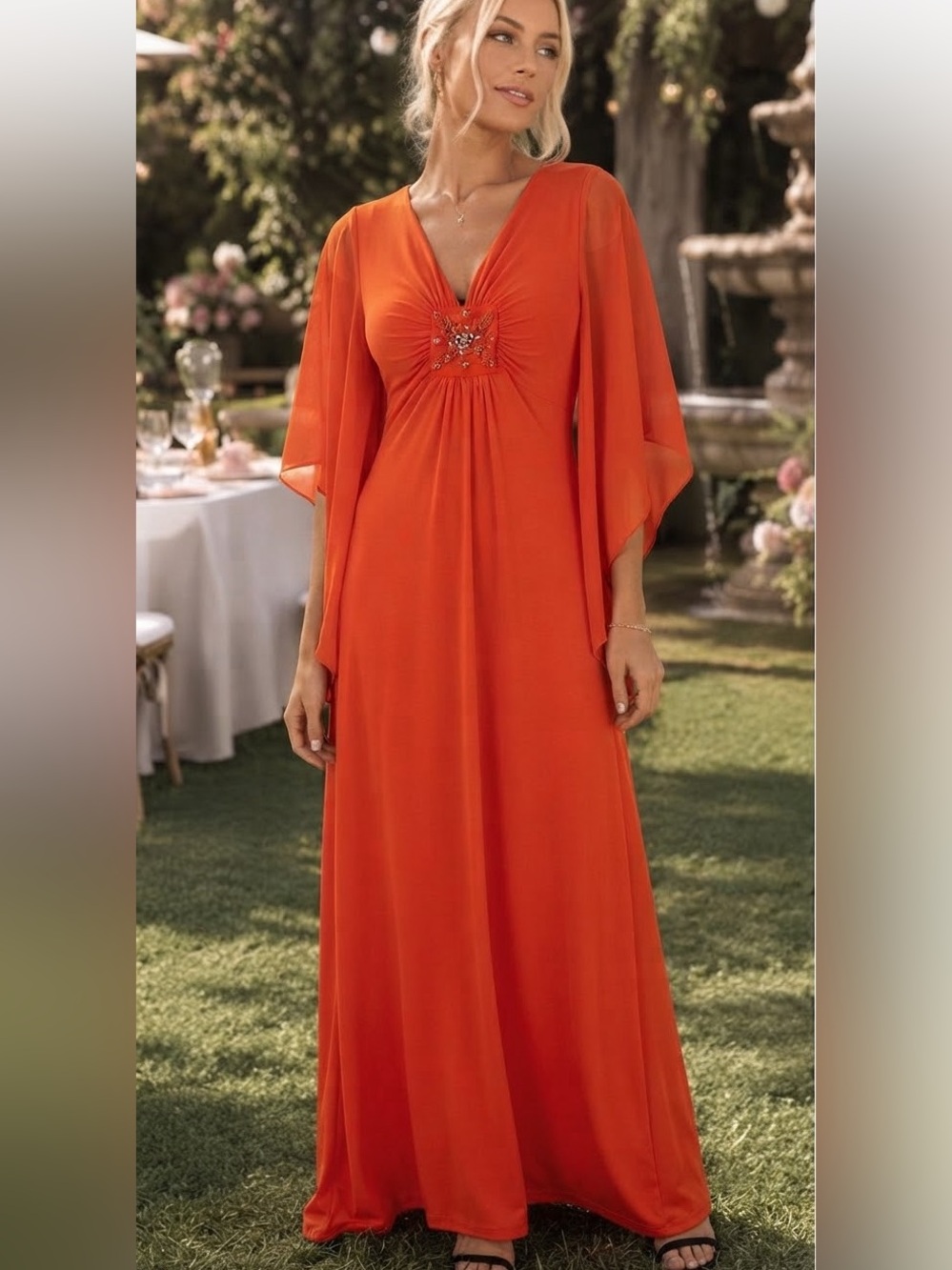 Vintage 1970  Tangerine Orange Angel Cape Sleeve Maxi Dress Whimsigoth Gown 9 10